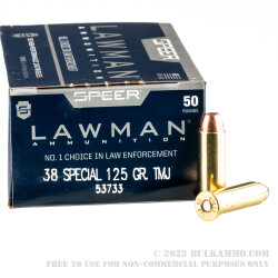 50 Rounds of .38 Spl Ammo by Speer Lawman - 125gr TMJ