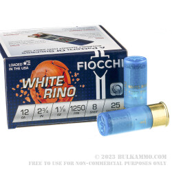 250 Rounds of 12ga White Rhino Ammo by Fiocchi - 1 1/8 ounce #8 shot