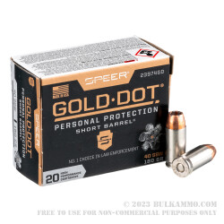 20 Rounds of .40 S&W Ammo by Speer Gold Dot Short Barrel - 180gr JHP