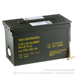 1000 Rounds of 5.56x45 Ammo by Prvi Partizan in Ammo Can - 62gr FMJBT M855
