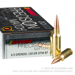 20 Rounds of 6.5 Grendel Ammo by Barnes Precision Match - 120gr OTM BT