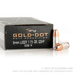 1000 Rounds of 9mm Ammo by Speer Gold Dot - 115gr JHP