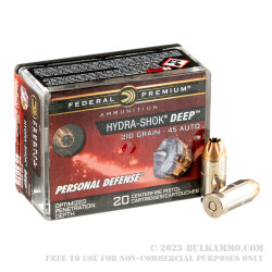 20 Rounds of .45 ACP Ammo by Federal Hydra-Shok Deep - 210gr JHP