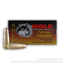 50 Rounds of 7.62 Tokarev Ammo by Wolf Gold - 85gr FMJ