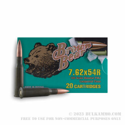 20 Rounds of 7.62x54r Ammo by Brown Bear - 185gr FMJ