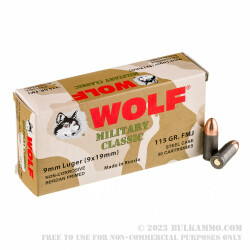 50 Rounds of 9mm Ammo by Wolf WPA Military Classic - 115gr FMJ