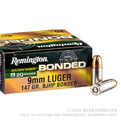 20 Rounds of 9mm Ammo by Remington Golden Saber Bonded - 147gr BJHP