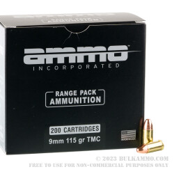 200 Rounds of 9mm Ammo by Ammo Inc. - 115gr TMJ