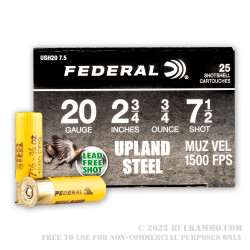 25 Rounds of 20ga Ammo by Federal Upland Steel - 3/4 ounce #7.5 shot