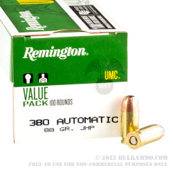 100 Rounds of .380 ACP Ammo by Remington - 88gr JHP