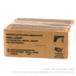 500 Rounds of 9mm Ammo by Remington MIL/LE Training - 115gr FMJ