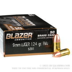 50 Rounds of 9mm Ammo by Blazer Brass - 124gr FMJ