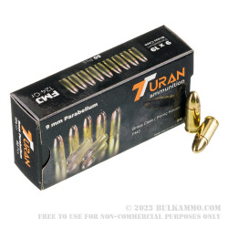 50 Rounds of 9mm Ammo by Turan - 124gr FMJ