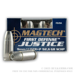 20 Rounds of 9mm +P Ammo by Magtech First Defense Justice - 92.6gr SCHP