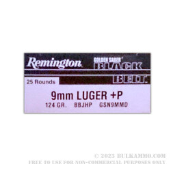 25 Rounds of 9mm +P Ammo by Remington Golden Saber Black Belt - 124gr JHP