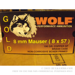 20 Rounds of 8 mm Mauser Ammo by Wolf - 196gr SP
