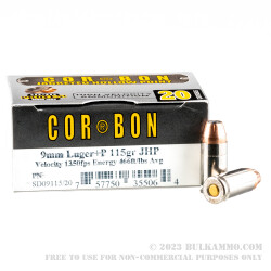 20 Rounds of 9mm +P Ammo by Corbon  - 115gr JHP