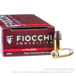 50 Rounds of 9mm Ammo by Fiocchi - 92gr EMB