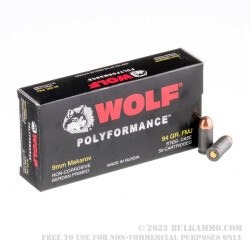 1000 Rounds of 9x18mm Makarov Ammo by Wolf - 94gr FMJ
