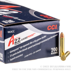 200 Rounds of .22 WMR Ammo by CCI - 35 gr GamePoint JSP