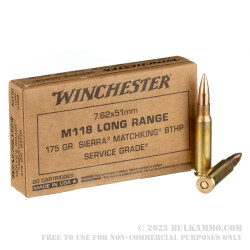 20 Rounds of 7.62x51 Ammo by Winchester Service Grade - 175gr HPBT MatchKing M118LR