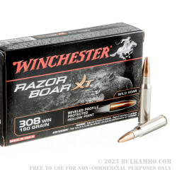 200 Rounds of .308 Win Ammo by Winchester Razorback XT - 150gr HP