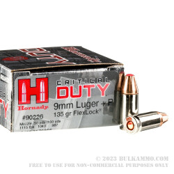 250 Rounds of 9mm Ammo by Hornady Critical Duty - 135gr JHP +P