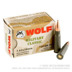 1000 Rounds of 7.62x39mm Ammo by Wolf Military Classic - 124gr HP