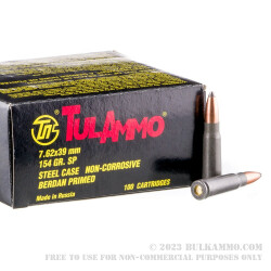 100 Rounds of 7.62x39mm Ammo by Tula - 154gr Soft Point