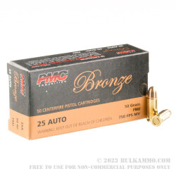 50 Rounds of .25 ACP Ammo by PMC - 50gr FMJ