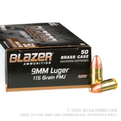 1000 Rounds of 9mm Ammo by Blazer Brass - 115gr FMJ
