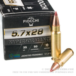 50 Rounds of 5.7x28mm Ammo by Fiocchi - 35gr Jacketed Frangible
