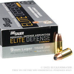 500 Rounds of 9mm Ammo by Sig Sauer Elite Performance - 115gr V-Crown JHP