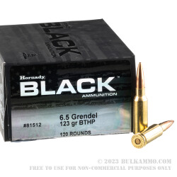 120 Rounds of 6.5 Grendel Ammo by Hornady BLACK - 123gr BTHP