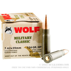20 Rounds of 7.62x39mm Ammo by Wolf WPA MC - 124gr HP