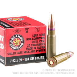 20 Rounds of 7.62x39mm Ammo by Red Army Standard - 124gr FMJ-BT