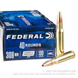 200 Rounds of .308 Win Ammo by Federal American Eagle Varmint & Predator - 130gr JHP