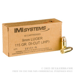 50 Rounds of 9mm Ammo by IMI - 115gr Di-Cut JHP