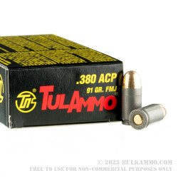 50 Rounds of .380 ACP Ammo by Tula - 91gr FMJ