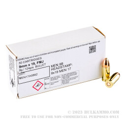 50 Rounds of 9mm Ammo by MEN - 124gr FMJ