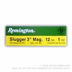 5 Rounds of 12ga 3" Ammo by Remington Slugger - 1 ounce Rifled Slug