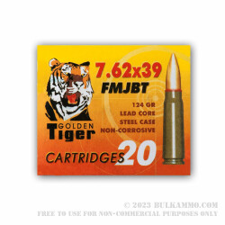 20 Rounds of 7.62x39mm Ammo by Golden Tiger - 124gr FMJBT