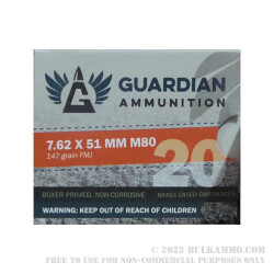 20 Rounds of 7.62x51mm Win Ammo by Guardian Ammunition - 147gr FMJ