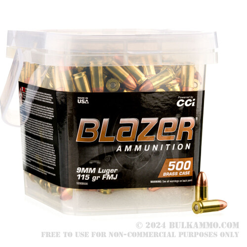 1000 Rounds of Bulk 9mm Ammo by Blazer Brass in Buckets 115gr FMJ