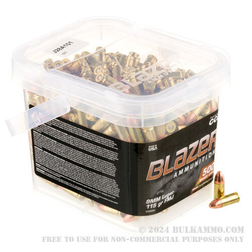 1000 Rounds of Bulk 9mm Ammo by Blazer Brass in Buckets 115gr FMJ