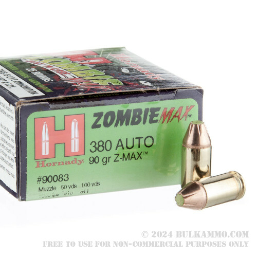 25 Rounds of Bulk .380 ACP Ammo by Hornady - 90gr Zombie Z-Max