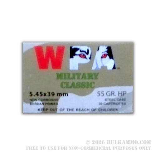 30 Rounds of Bulk 5.45x39mm Ammo by Wolf - 55gr HP