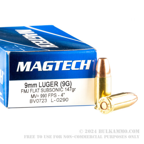 50 Rounds of Bulk 9mm Subsonic Ammo by Magtech - 147gr FMJ FN