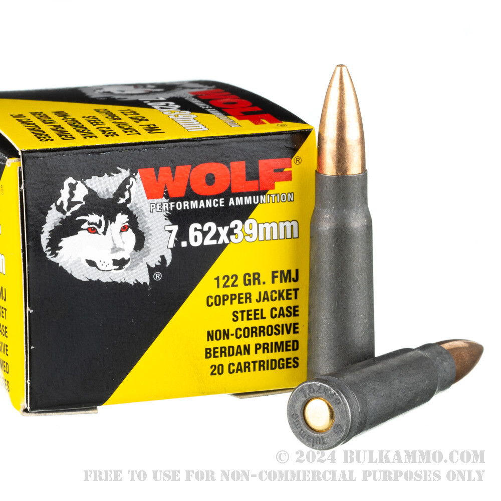 1000 Rounds of Bulk 7.62x39 Ammo by Wolf - 122gr FMJ