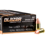 1000 Rounds of 9mm Ammo by Blazer Brass Reduced Recoil - 100gr FMJ